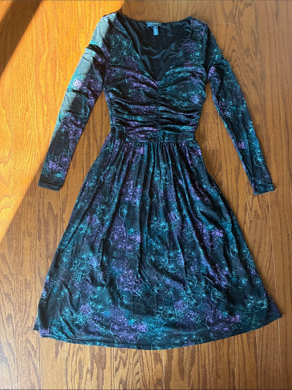ModCloth Pardon My Mesh Long Sleeve Floral Midi Dress in Black, Teal & Purple S
